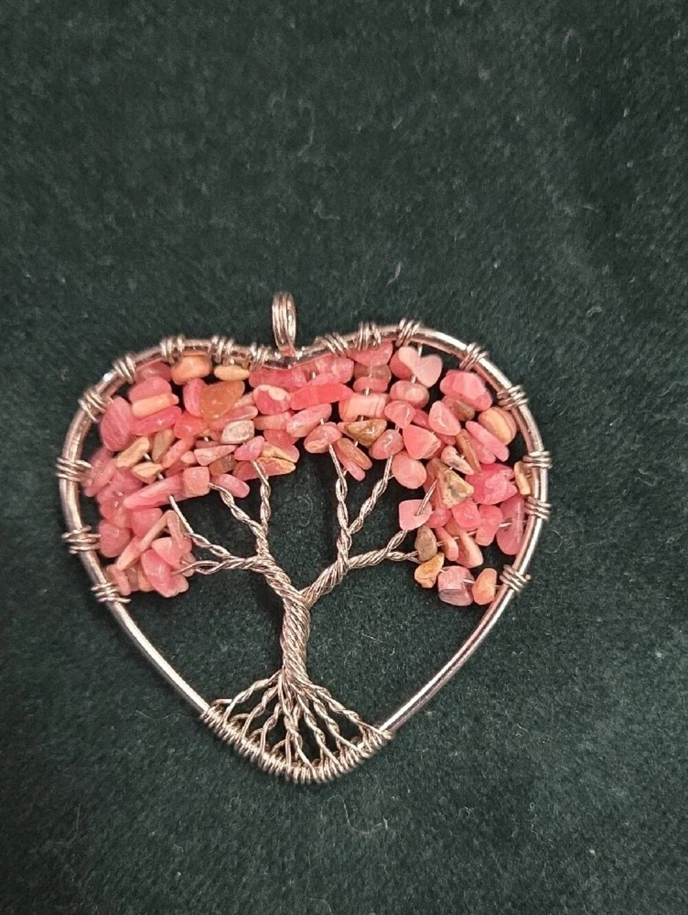 Handmade Heart Tree of Life Pendant in Pink Chip Beads